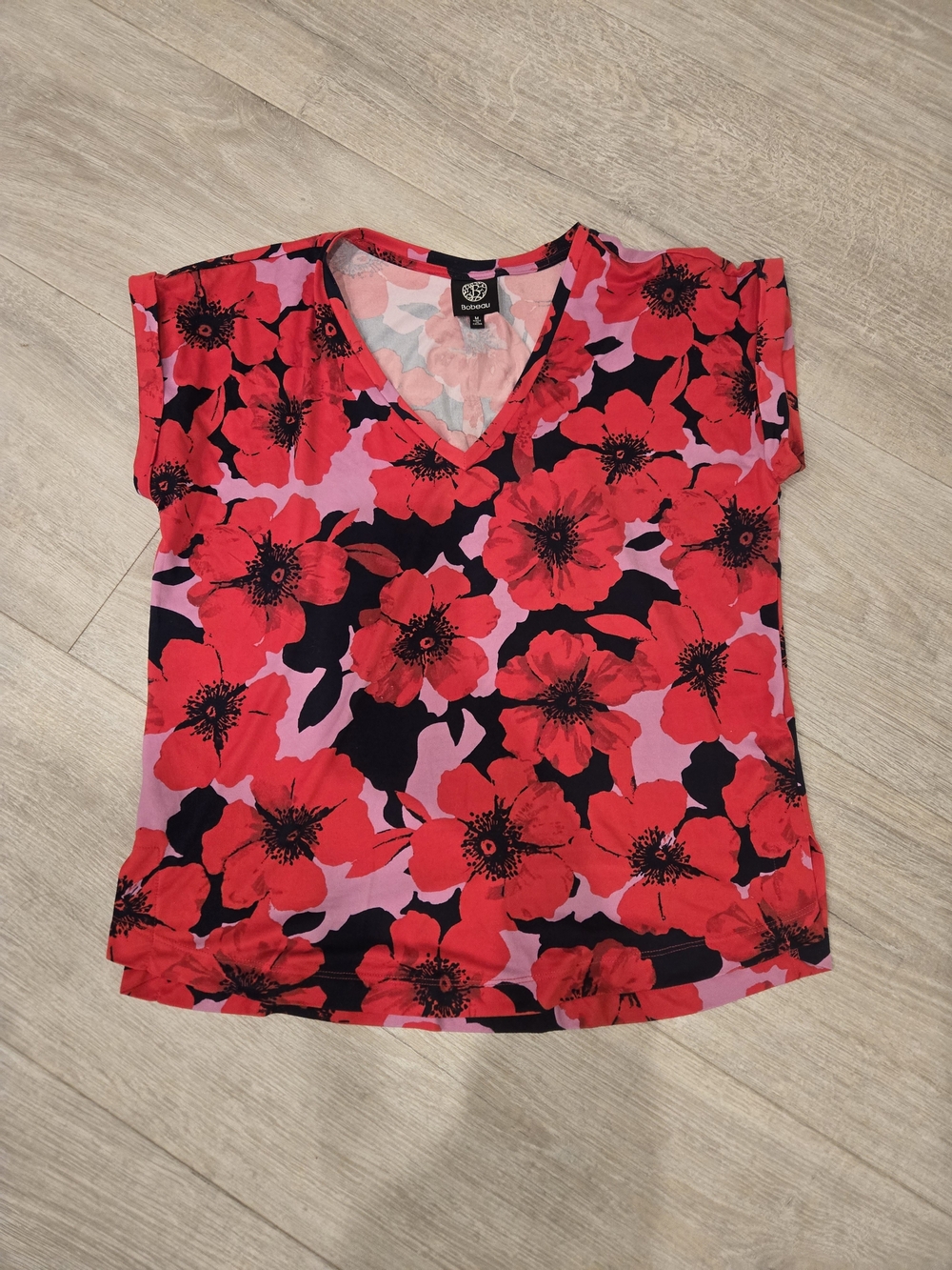 bobeau Red & Pink Floral V-Neck Short Sleeve Top